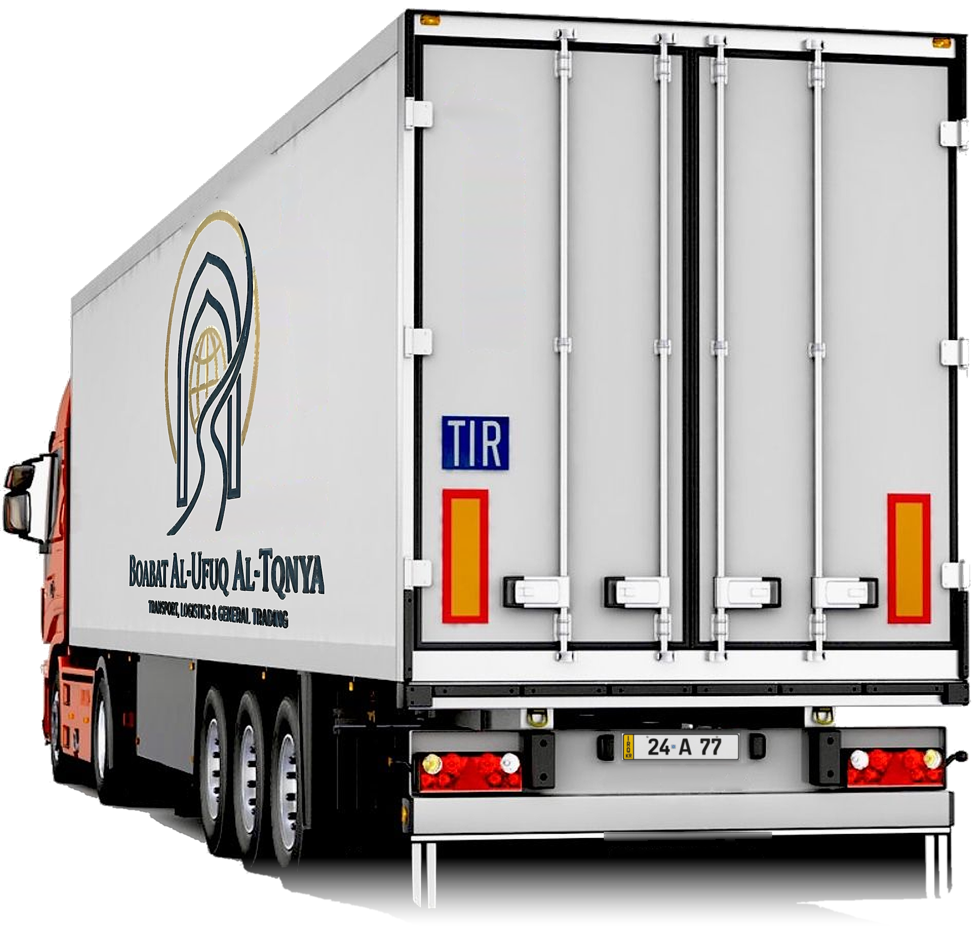 Rear view of a truck carrying the company logo on its trailer, showing the TIR plate and a Duhok licence plate
